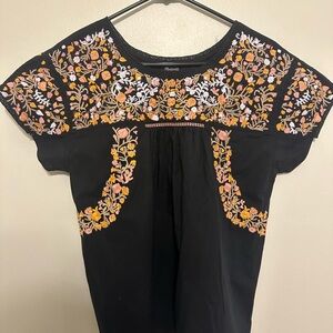 Madewell Black and Floral Embroidered Blouse